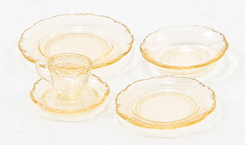 Dollhouse Miniature Depression Dish Set, 5Pc, Amber